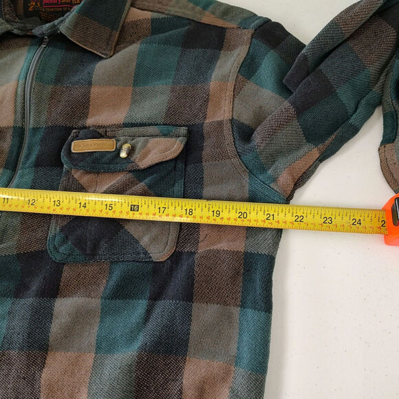 VTG Hickory Shirt Co green/tan plaid 1/4 zip distressed flannel mens M-Tall - Picture 8 of 9